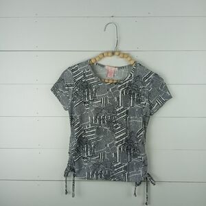 Lucky You girls size M white newspaper floral design top black and white stretch